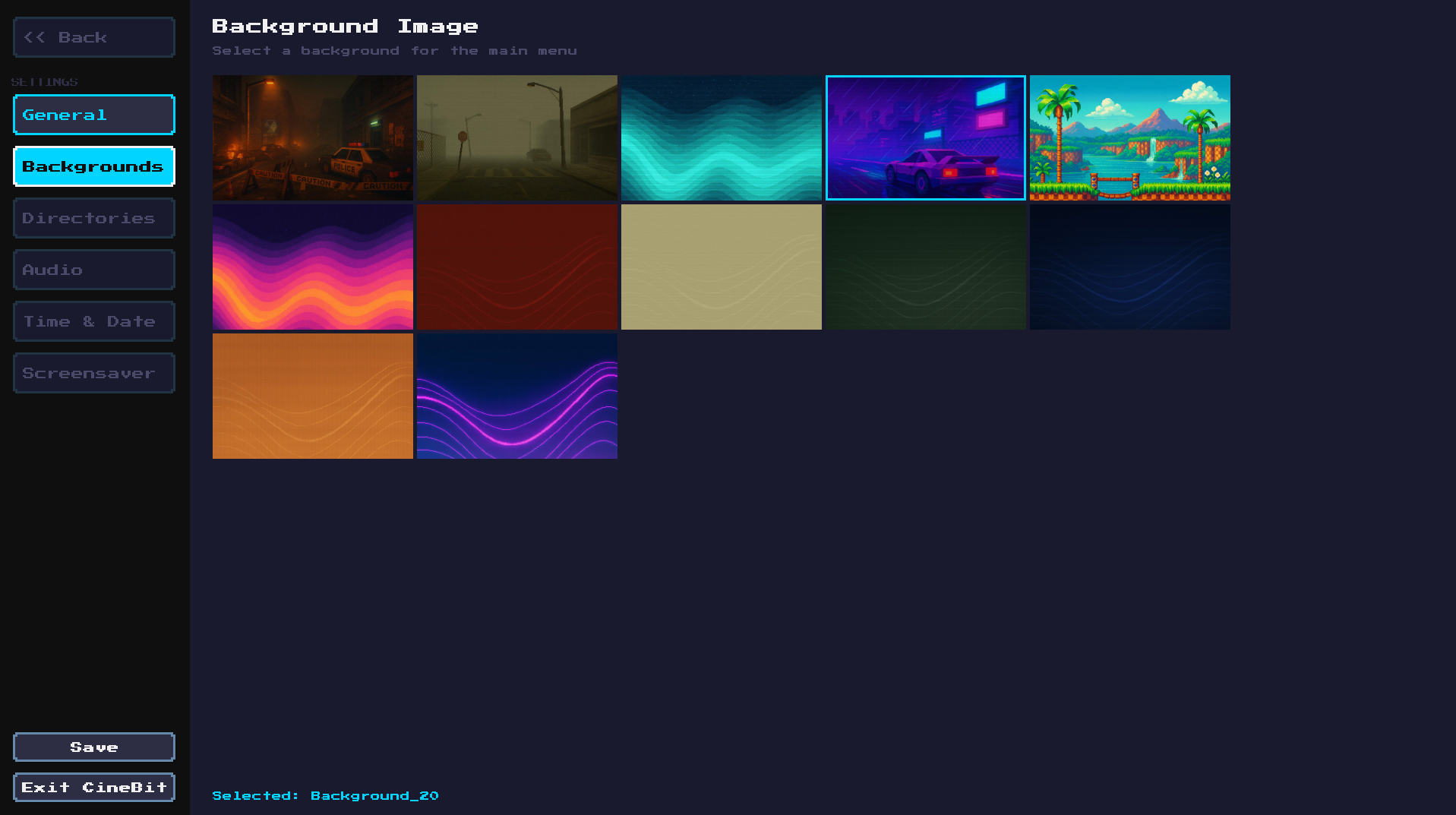 CineBit settings with background themes